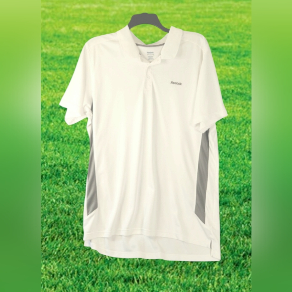 Preowned White/ Grey Men's Reebok Play Dry Polyester Polo Short Sleeve Shirt 2XL